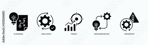 Strategic Operations Icon Set Isolated Vector With Icon Of Planning, Execution, Target, Implementation, Important In Glyph Style