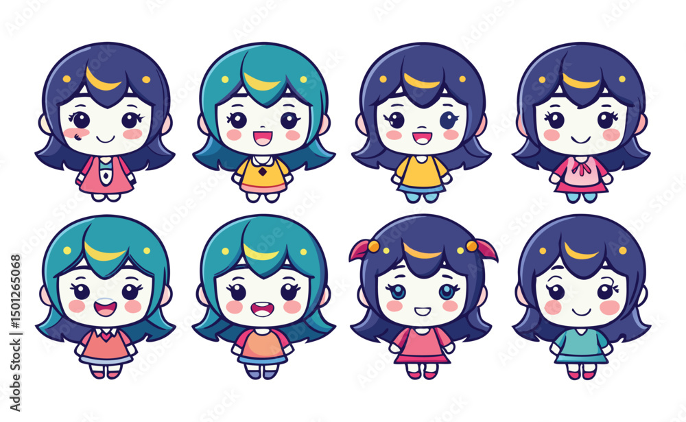 Eight cute girl cartoon silhouettes Eight cute girl cartoon silhouettes
