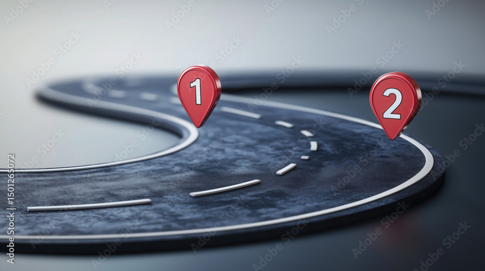 Obraz premium a business journey path illustrated with curved road and numbered pins, goal achievement and planning stages