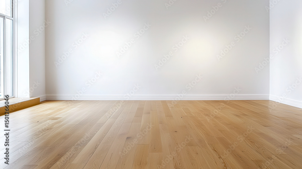 Spacious, empty room with light wooden flooring and white walls, creating bright and airy atmosphere Spacious, empty room with light wooden flooring and white walls, creating bright and airy atmosphere