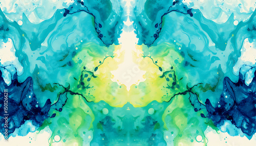 Abstract watercolor ink splash art in cool blues and greens