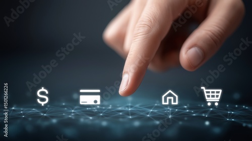 Finger presses an icon for online shopping representing digital payment methods and secure home banking featuring credit cards and dollars for modern e commerce transactions