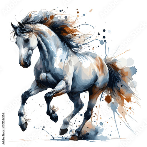 A thoroughbred white horse is trotting. The mane and tail develop beautifully. Watercolor paint. Banner. Close-up. Vector illustration, AI