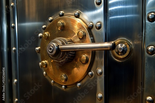 A large metal vault door with a brass handle and rivets is securely closed in a metallic environment