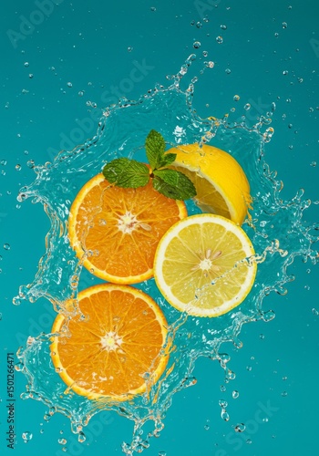 Sliced Oranges and Lemon in Water Splash Against Teal Background