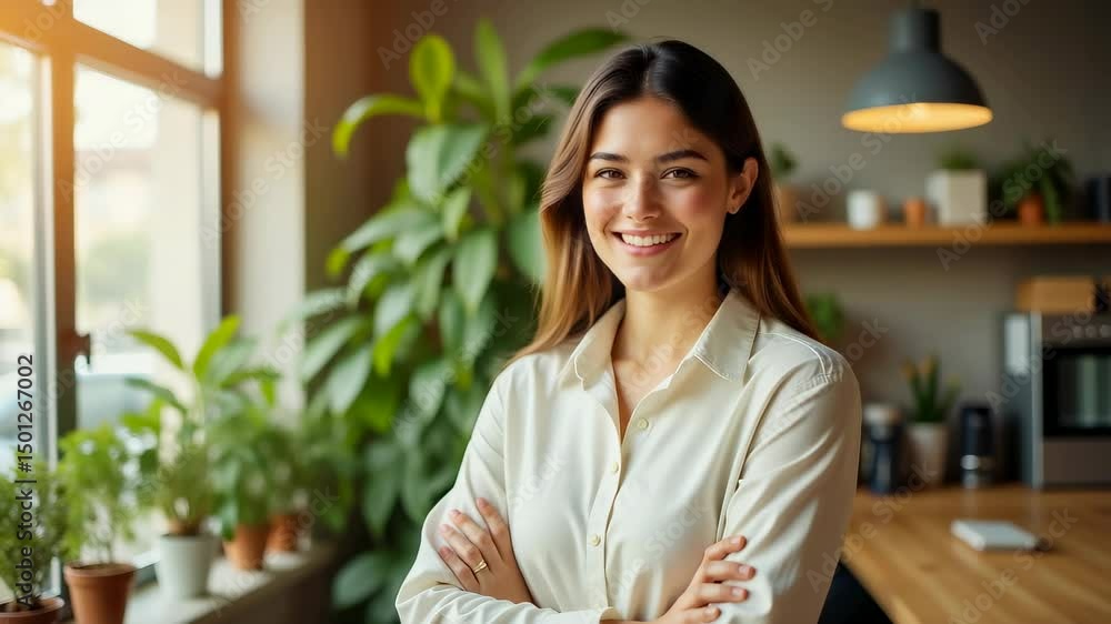 Confident Asian Female Entrepreneur in Cafe Interior with Plants for Small Business Marketing, Social Media Content, and Lifestyle Branding Confident Asian Female Entrepreneur in Cafe Interior with Plants for Small Business Marketing, Social Media Content, and Lifestyle Branding