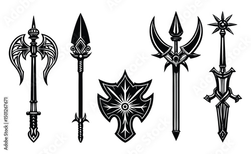 Fantasy weapons silhouette set swords spears and shield