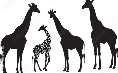 Whimsical Giraffe Silhouette in Monochrome: Creative Vector Art Illustration of Animal Family and Endangered Species