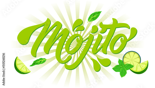 Mojito lettering banner. Logo for billboard, poster, advertising of summer drinks. Modern hand drawn lettering label for cocktail Vector graphics EPS10