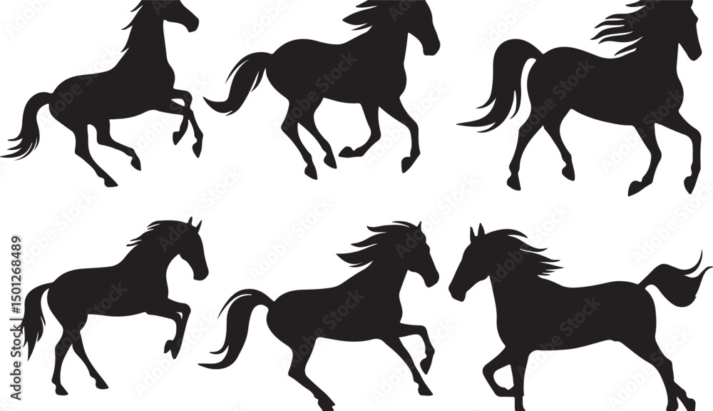 Fototapeta premium Majestic Black Silhouette of Graceful Steeds: Horse Running in Elegant Motion - A Stylized Illustration of Freedom, Power, and Nature's Beauty
