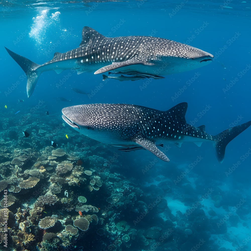 Naklejka premium Whale Shark Swimming Underwater with Coral Reef