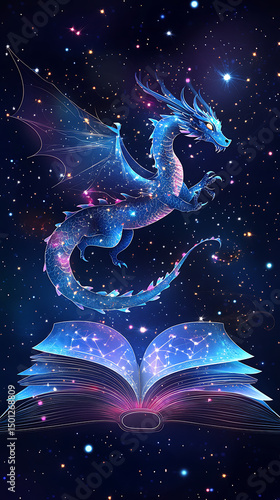 A magical dragon soaring above an open enchanted book in a starry galaxy backdrop