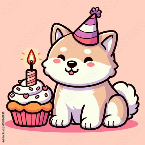 Chibi Akita Inu in party hat with cupcake and candle in vector art, pet birthday