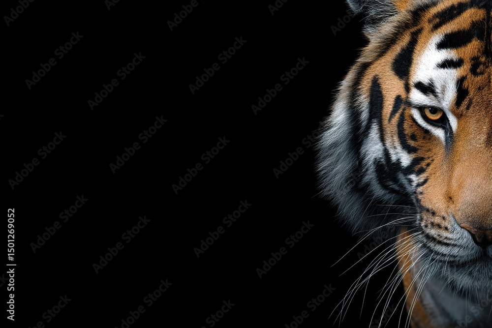 Fototapeta premium Tiger portrait over the black background with copy space. Generative Ai