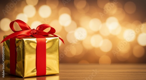 Wallpaper Mural Photo Gold Gift Box with Red Ribbon on Wooden Surface and Bokeh Background Torontodigital.ca