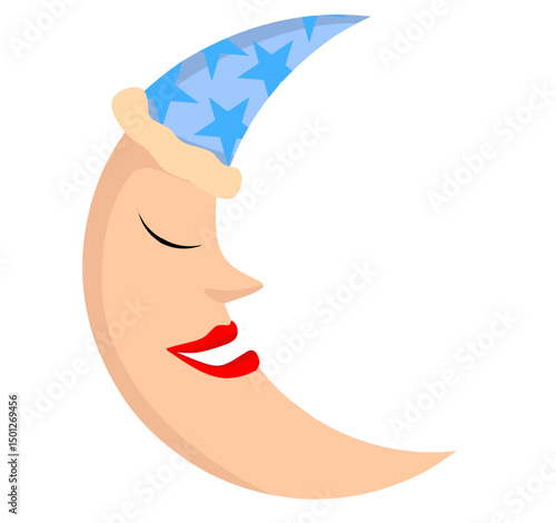 Cute yellow half moon sleeping in hat with pompom at night sky with stars. Sweet baby crescent character in nightcap. Childish colored vector illustration in flat cartoon style