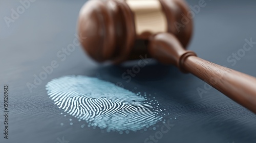 Wooden gavel rests near a fingerprint symbolizing crime investigation and justice in the court system emphasizing forensic science and law enforcement focus for legal themes