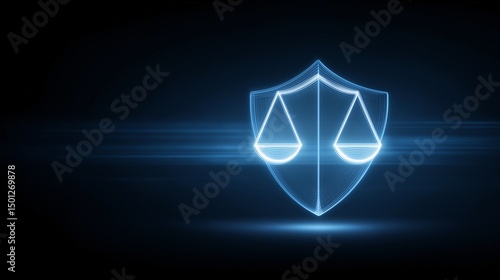 Glowing blue justice scales inside a shield symbol on a dark background represent legal protection and fairness It conveys security justice and law with abstract glowing lines