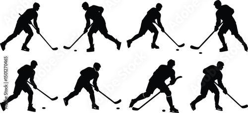 Hockey playing silhouette set. Collection of hockey sports vector on transparent background
