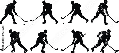 Hockey playing silhouette set. Collection of hockey sports vector on transparent background
