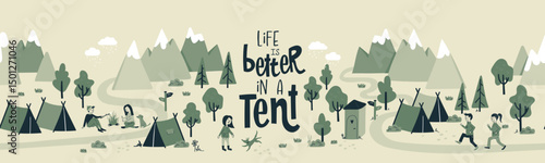 Cute hand drawn seamless pattern with camping doodles, tents, hikers and trails, great for textiles, banners, wallpapers