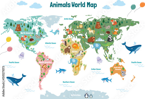 Animals world map. Beautiful cheerful colorful vector illustration for children and kids. With the inscription of the oceans and continents. Preschool, baby, continents, oceans, drawn, Earth