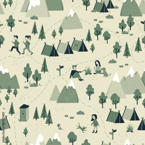 Cute hand drawn seamless pattern with camping doodles, tents, hikers and trails, great for textiles, banners, wallpapers
