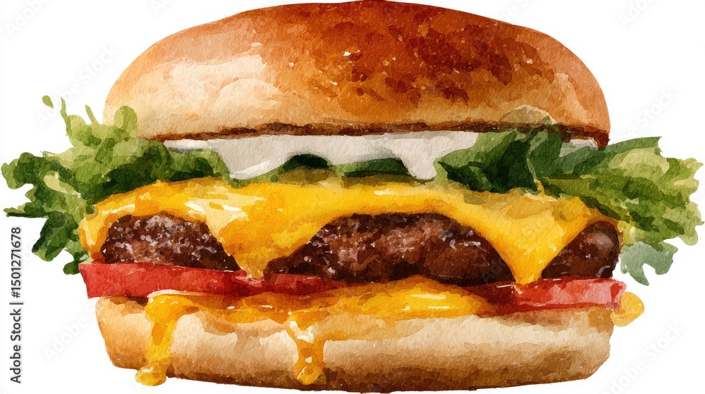 Watercolor Burger Juicy with Cheesy, Delicious Illustration, and Food Art. Watercolor Burger Juicy with Cheesy, Delicious Illustration, and Food Art.