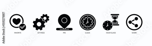Priority And Control Icon Set Isolated Vector With Icon Of Favorite, Settings, Pin, Clock, Hour Glass, Share In Glyph Style