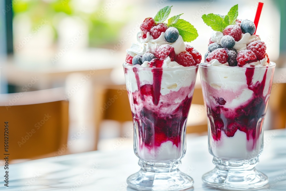 Two glasses of layered dessert with fresh berries and whipped cream. Two glasses of layered dessert with fresh berries and whipped cream.