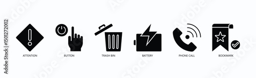 Alert And Action Icon Set Isolated Vector With Icon Of Attention, Button, Trash Bin, Battery, Phone Call, Bookmark In Glyph Style
