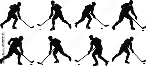 Hockey playing silhouette set. Collection of hockey sports vector on transparent background

