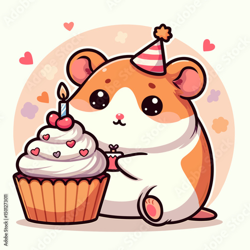cute chibi style hamster sits in party hat in front of cupcake with candle, pet birthday, colored vector art