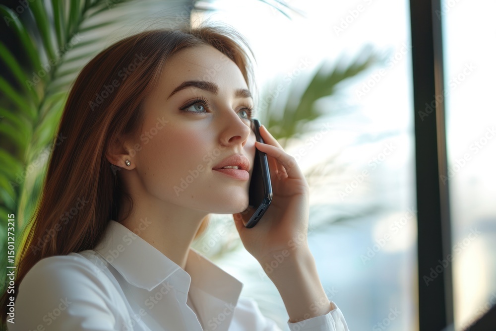 Female business professional making a phone call in well-lit office Female business professional making a phone call in well-lit office