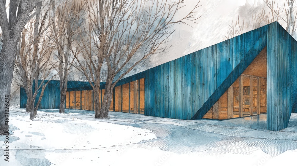 Winter Dream Modern Blue Cabin in Snowy Forest. Winter Dream Modern Blue Cabin in Snowy Forest.