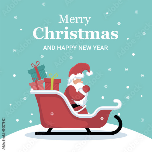Christmas card of Santa Claus on his sleigh with gifts