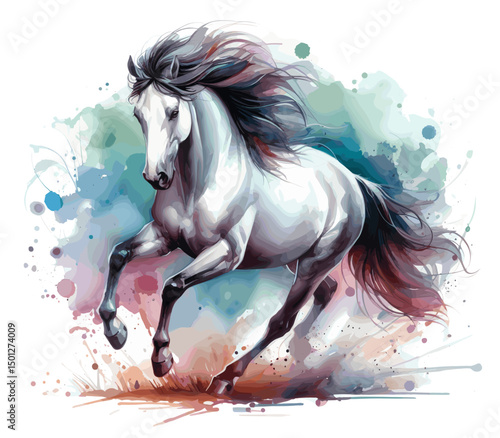 White horse is trotting. The mane and tail develop beautifully. Watercolor paint. Banner. Close-up. Vector illustration, AI