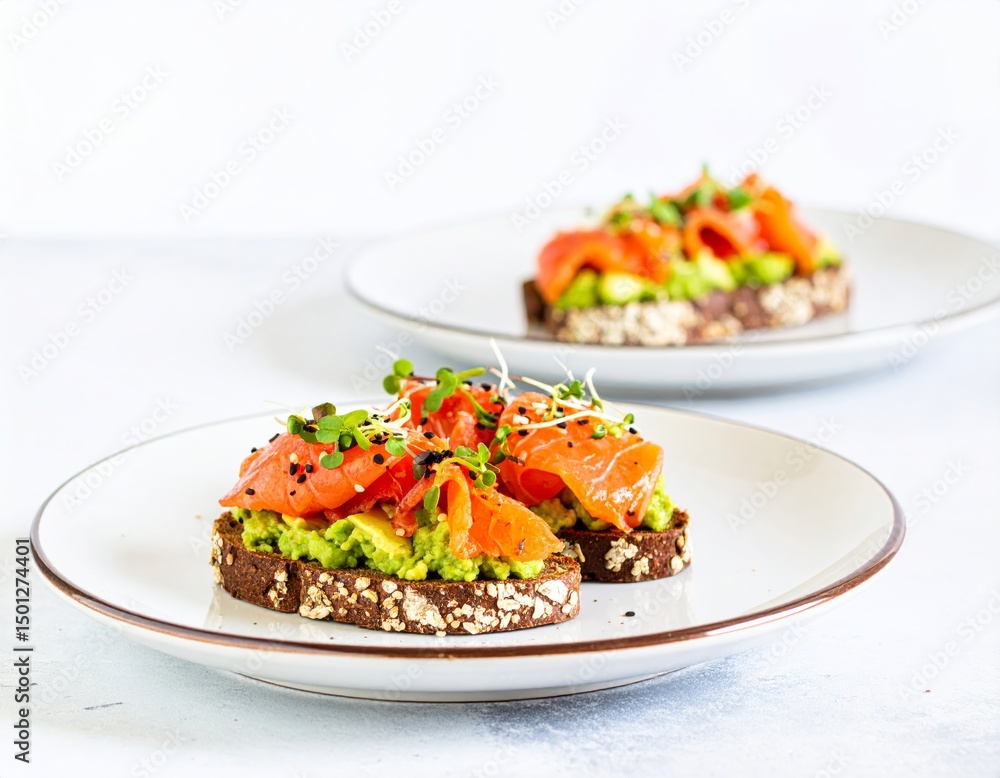 Overhead shot of vibrant salmon avocado toasts with cucumber, sesame, sprouts on white plate. Overhead shot of vibrant salmon avocado toasts with cucumber, sesame, sprouts on white plate.
