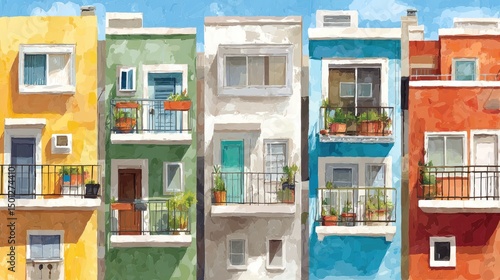 Colorful Row Houses Vibrant Urban Living with Balconies with Vector Art.