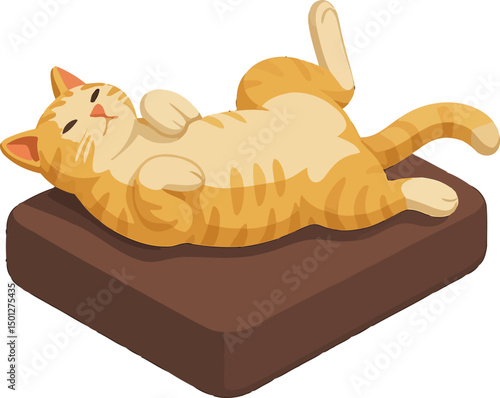 Cartoon Orange Striped Cat Resting On a Brown Pillow Illustration
