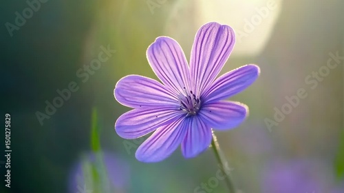 Blooming purple violet flower with thin petals and stamen on blurred green background close-up. Natural nature