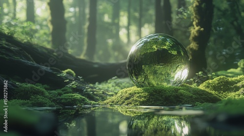 Environment. Crystal ball on moss in green forest. there is a symbolic icon Inclusive Environment, Ecology, Earth Day, Forest Conservation, CSR, ESG, NET ZERO