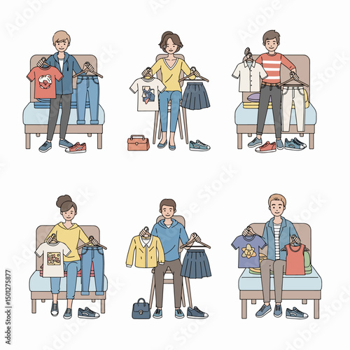 People choosing clothing outfits in bedroom