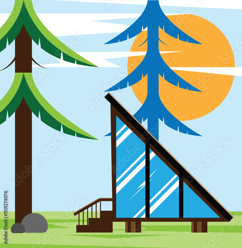 Summer Modern Cabin Among Trees in the Woods Flat Style. Nature, architecture and rural living vector art