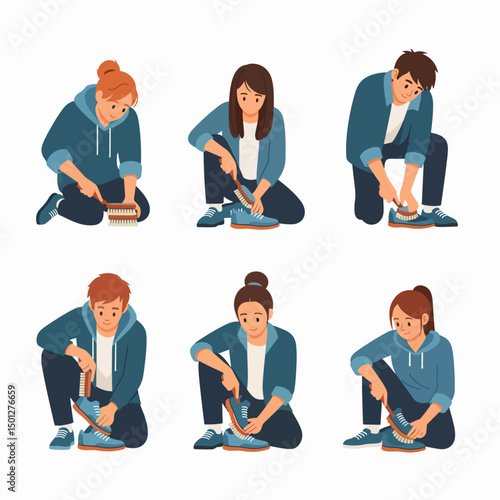 People cleaning casual footwear with brush