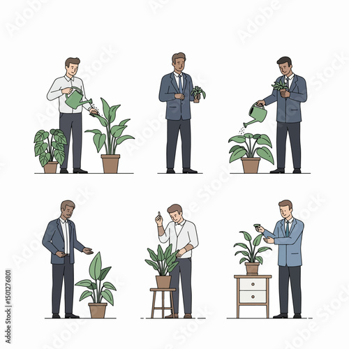 Man tending indoor plants, watering and caring