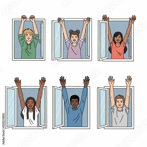 People at windows with hands up, smiling