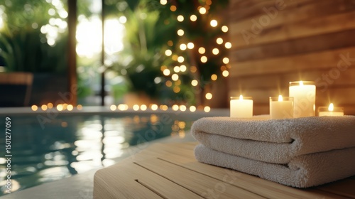 Relaxing spa experience with candles and towels private poolside retreat tranquil evening serene atmosphere