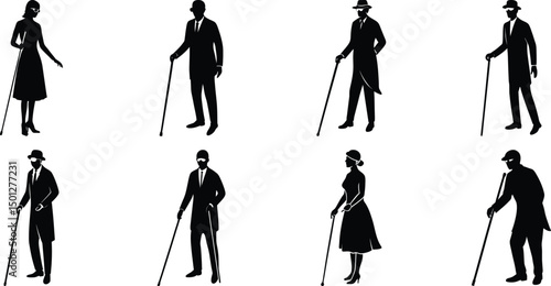 Blind man and women walking silhouette vector illustration set