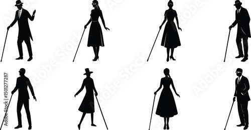 Blind man and women walking silhouette vector illustration set
